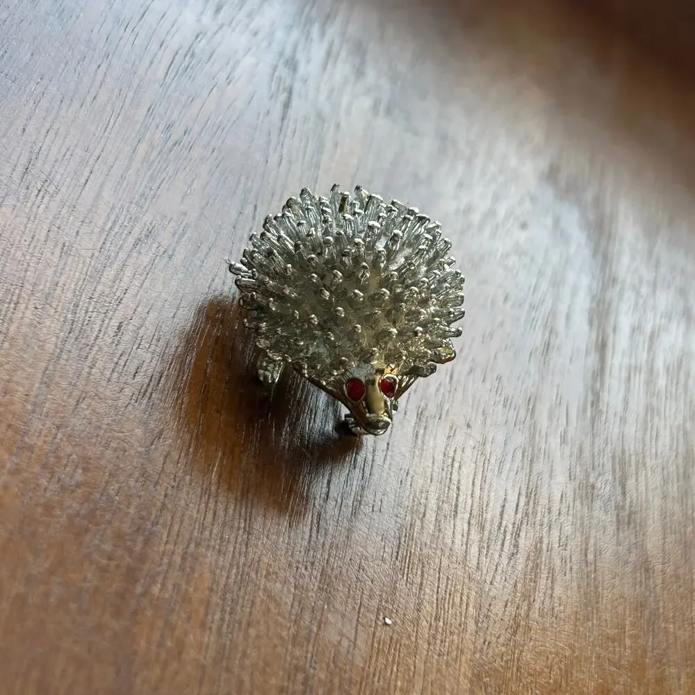Vintage Silver Tone Hedgehog Brooch, Textured Spiky Porcupine Pin Animal Jewelry